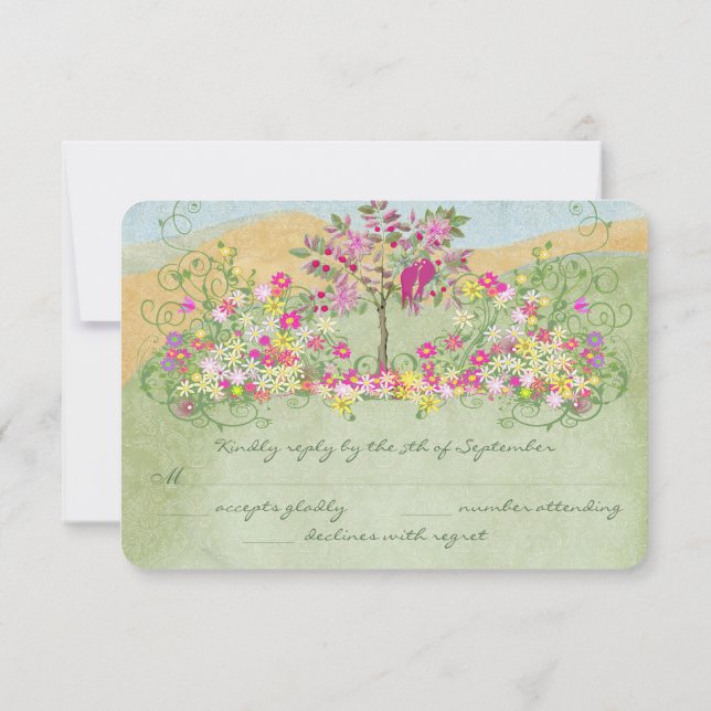 Pink Vintage Love Bird Flower Swirl Wedding RSVP (Back)