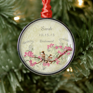 Pink Vintage Love Birds Maid of Honor Wedding Part Metal Ornament