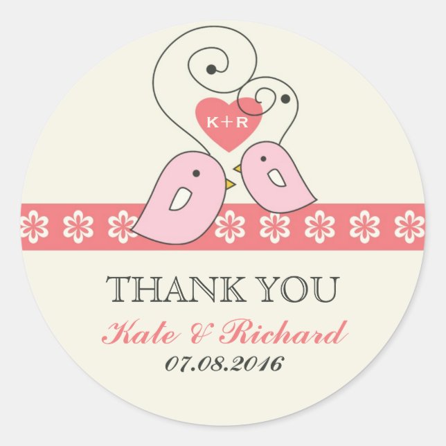 Pink Vintage Love Birds Wedding Favor Sticker (Front)