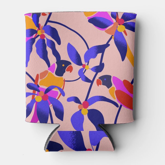 Pink Vintage Parrots: Exotic Seamless Illustration Can Cooler (Front)