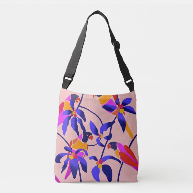 Pink Vintage Parrots: Exotic Seamless Illustration Crossbody Bag (Front)