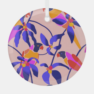Pink Vintage Parrots: Exotic Seamless Illustration Glass Ornament