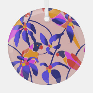 Pink Vintage Parrots: Exotic Seamless Illustration Glass Ornament
