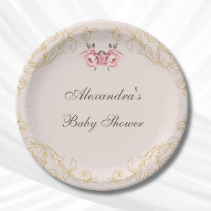 Pink Vintage Peony Rococo Flowers Baby Shower Paper Plates