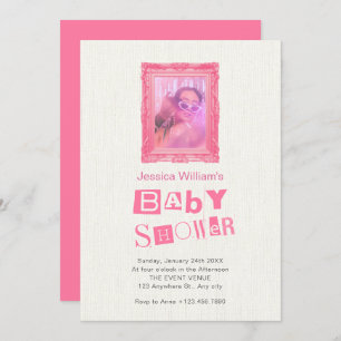 Pink vintage photo frame baby shower invitation