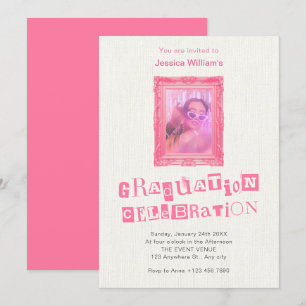 Pink vintage photo frame graduation invitation