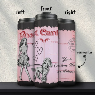 Pink Vintage Postcard Shopping Woman Poodle Love Thermal Tumbler
