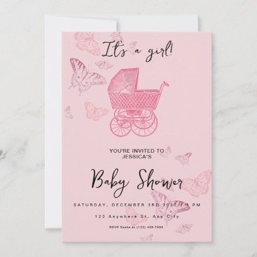 Pink Vintage Pram Stroller Baby Girl Shower Invitation