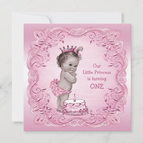 Pink Vintage Princess 1st Birthday Party Announcements
