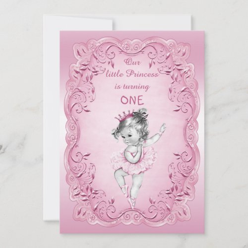 Pink Vintage Princess Ballerina 1st Birthday Party Custom Invitation