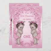 Pink Vintage Princess Twins 1st Birthday Invitation (Front/Back)