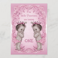 Pink Vintage Princess Twins 1st Birthday Invitation