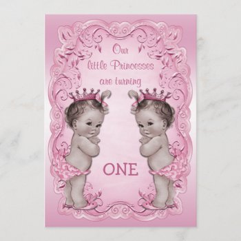 Pink Vintage Princess Twins 1st Birthday Invitation by GroovyGraphics at Zazzle