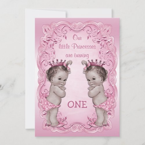 Pink Vintage Princess Twins 1st Birthday Invitation