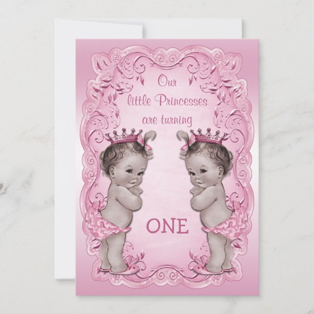 Pink Vintage Princess Twins 1st Birthday Invitation (Front)