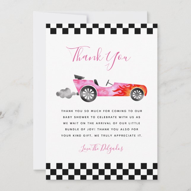 Pink Vintage Race Car Baby Shower Thank You Card (Front)