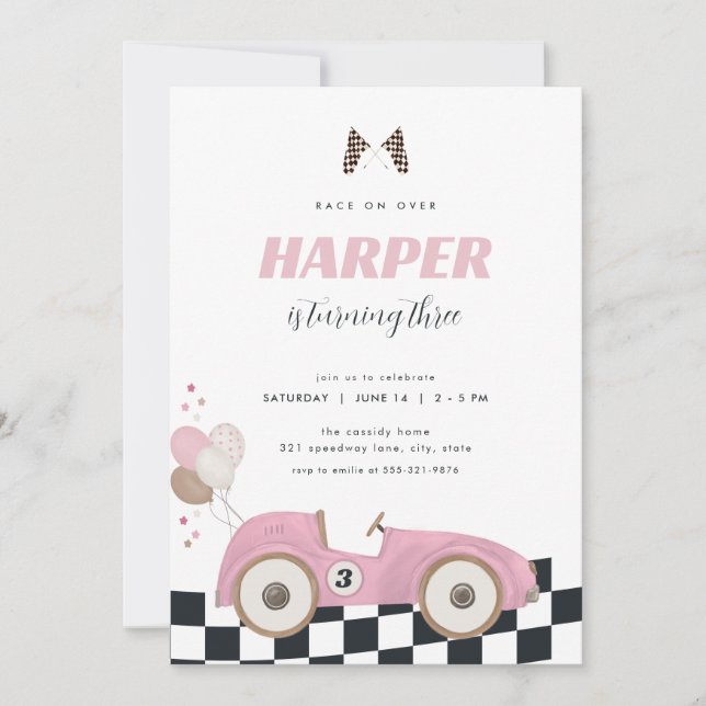 Pink Vintage Race Car Girl Birthday Invite  (Front)