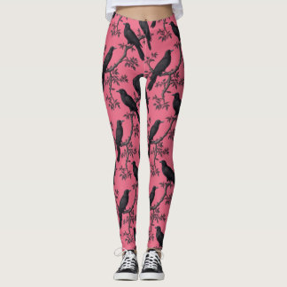 Pink Vintage Raven Birds Pattern Leggings