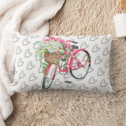 Pink Vintage Retro Bicycle Black Heart Pattern Lumbar Pillow