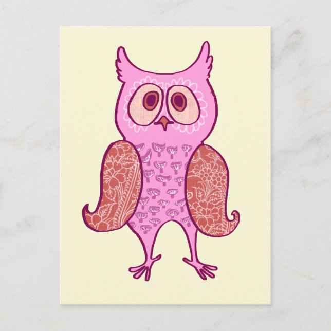 Pink vintage retro owl postcard (Front)