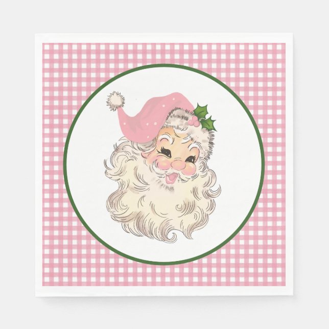 Pink Vintage Retro Santa with Pink Plaid Napkins (Front)
