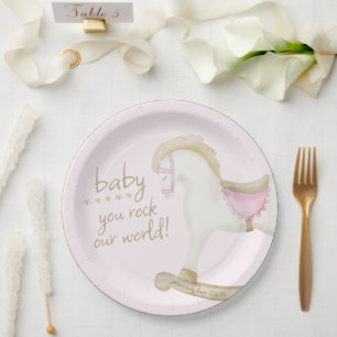 Pink Vintage Rocking Horse Cowgirl Baby Shower Paper Plates