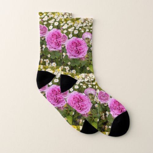 Pink Vintage Rose and Daisy Floral Pattern Socks