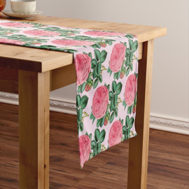 Pink Vintage Rose Botanical Short Table Runner (In Situ)