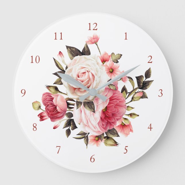 Pink Vintage Rose Bouquet Large Clock (Front)