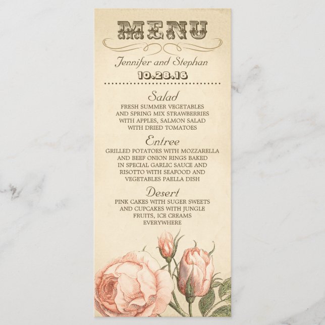 Pink vintage rose elegant wedding menu cards (Front)