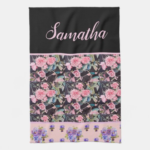 Pink Vintage Rose Roses Watercolor Customizable  Kitchen Towel