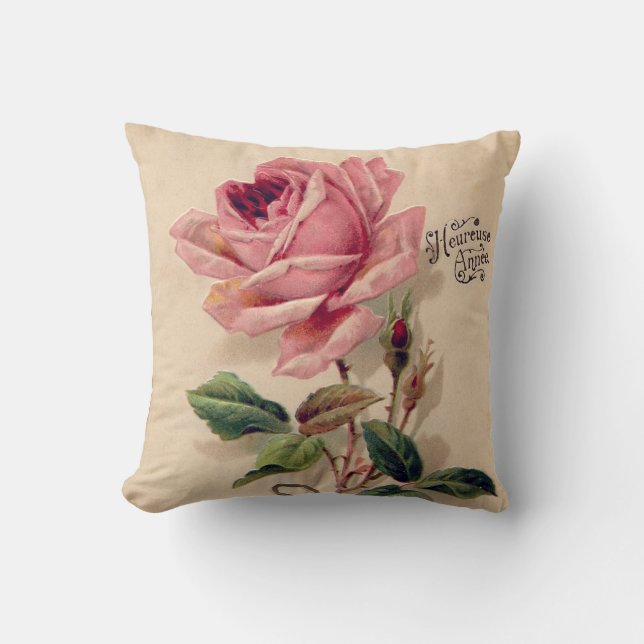 Pink Vintage Rose Throw Pillow (Front)