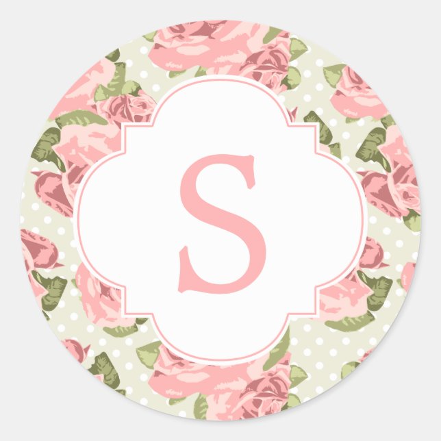 Pink Vintage Roses Custom Monogram Classic Round Sticker (Front)