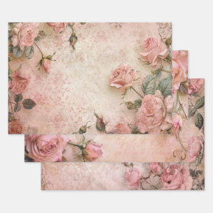 Pink Vintage Roses Decoupage Pattern Wrapping Paper Sheets