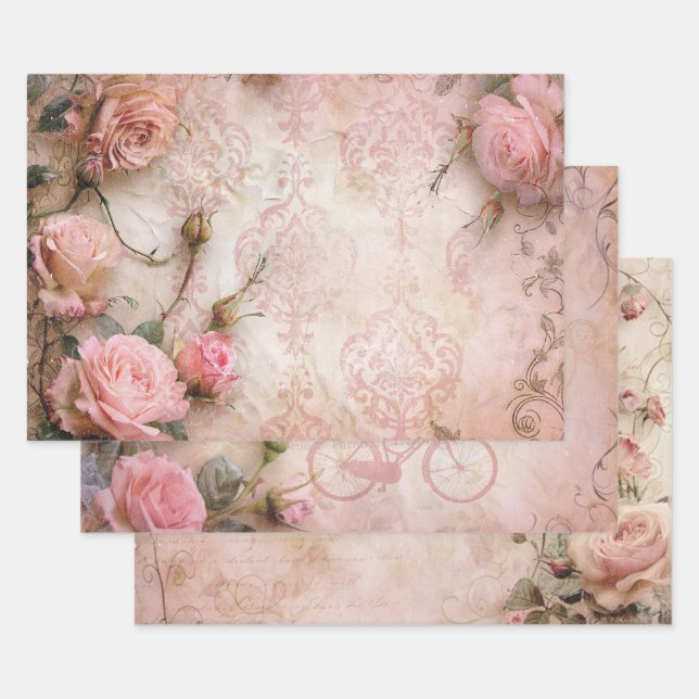 Pink Vintage Roses Decoupage Pattern Wrapping Paper Sheets (Set)