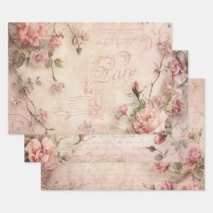 Pink Vintage Roses Decoupage Pattern Wrapping Paper Sheets