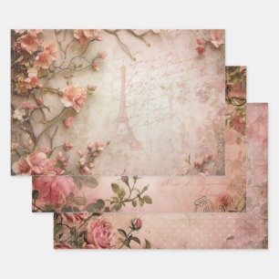 Pink Vintage Roses Decoupage Pattern  Wrapping Paper Sheets