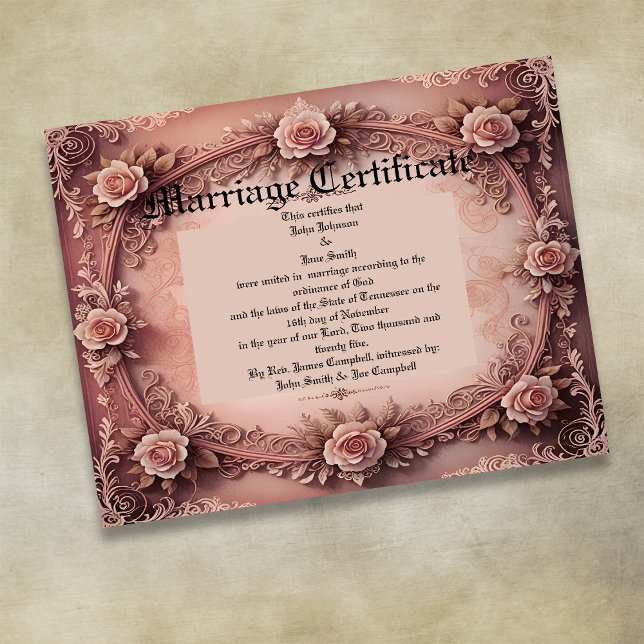 Pink Vintage Roses Marriage Certificate Poster (Creator Uploaded)