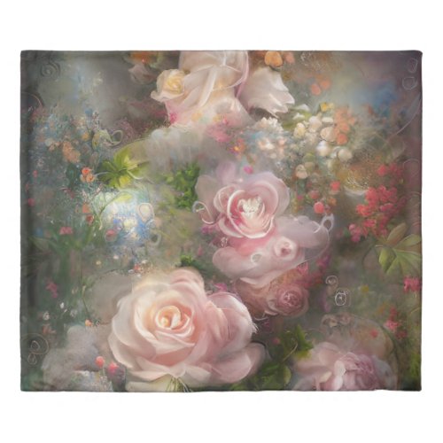 Pink Vintage Roses Painted In Old Dutch Style Duvet Cover