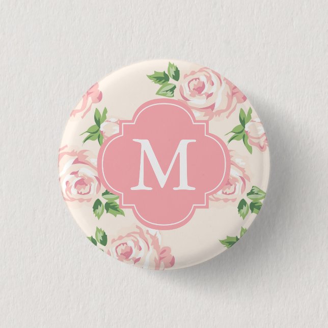 Pink Vintage Roses Pattern Monogrammed Button (Front)