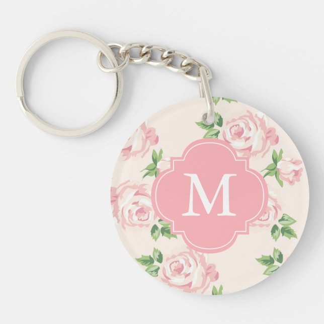 Pink Vintage Roses Pattern Monogrammed Keychain (Front)