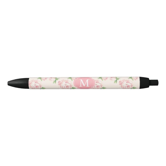 Pink Vintage Roses Pattern Monogrammed Pen (Front)