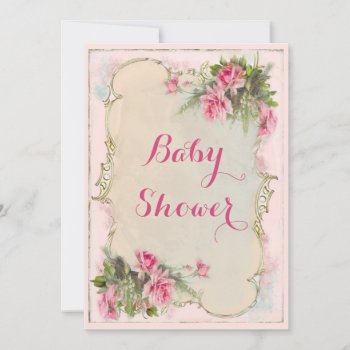 Pink Vintage Roses Shabby Chic Baby Shower Invitation by AJ_Graphics at Zazzle