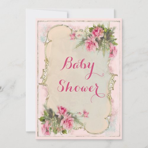 Pink Vintage Roses Shabby Chic Baby Shower Invitation