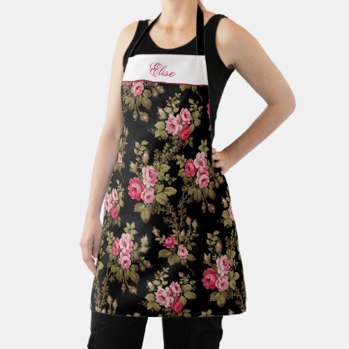 Pink Vintage Roses wName_Black Background Apron