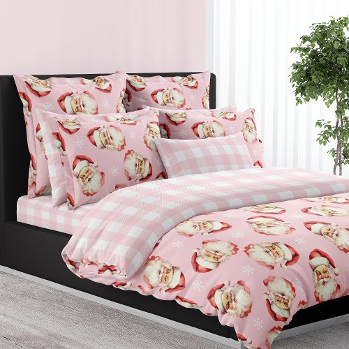 Pink Vintage Santa Claus Pink Plaid Christmas Duvet Cover