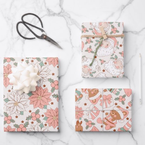 Pink Vintage Santa Floral Christmas Toys Wrapping Paper Sheets