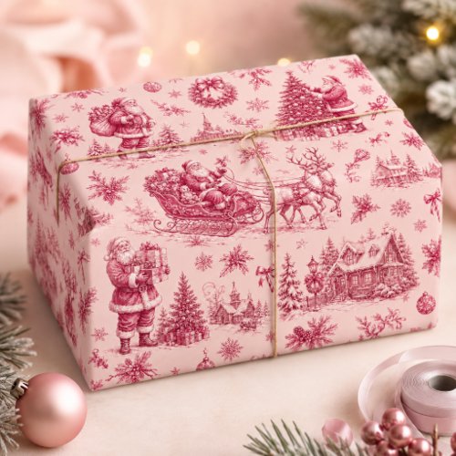 Pink Vintage Santa Sleigh Christmas Toile Wrapping Paper