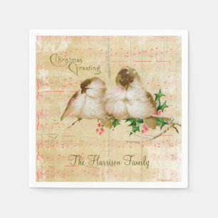 Pink Vintage Sheet Music with Cute Birds Christmas Napkins