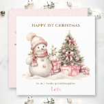 Pink Vintage Snowman Girl First Christmas Card<br><div class="desc">Christmas card with an adorable vintage snowman in pink for baby and little girls. Easily personalize this Christmas card with your own text  - Kate Eden Art.</div>